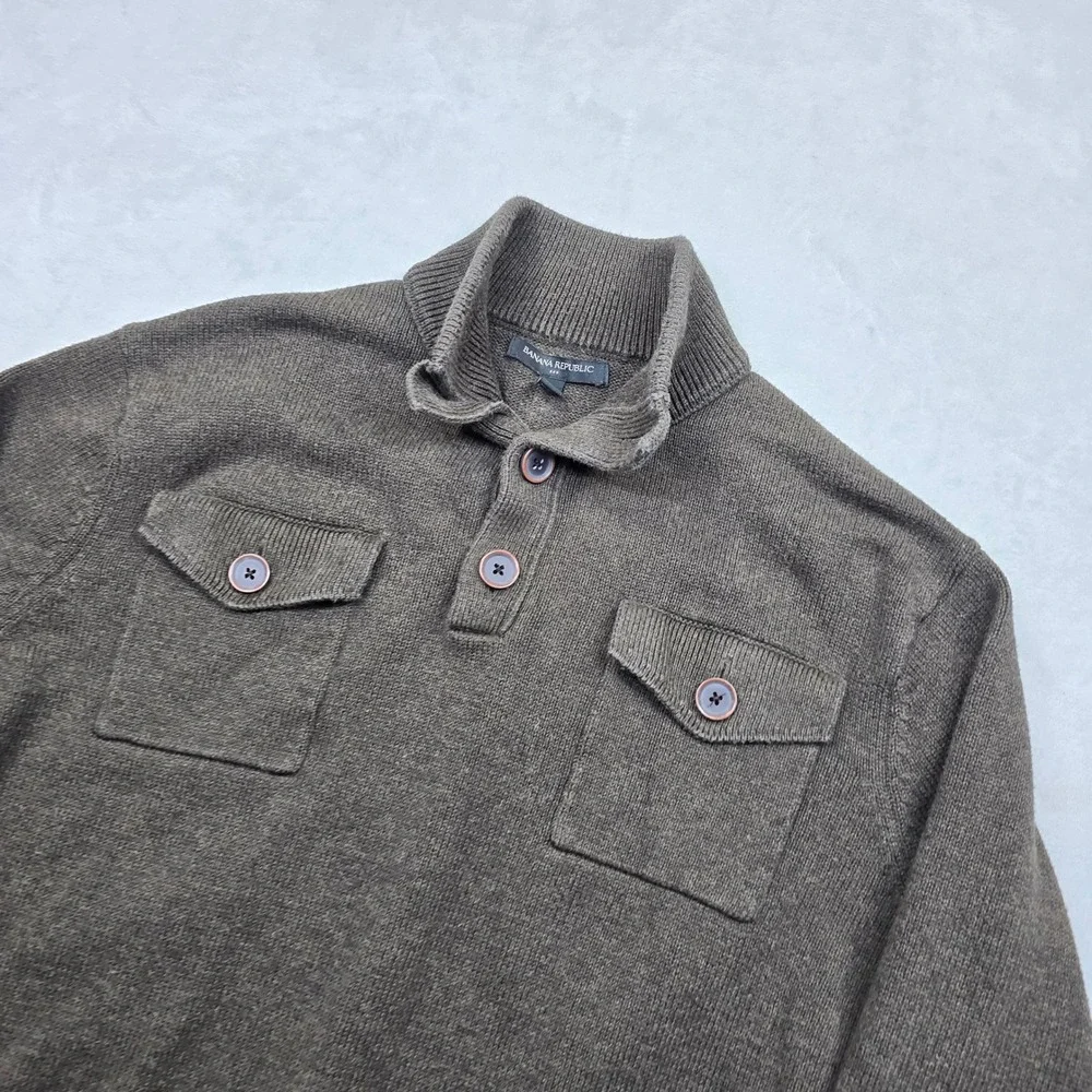 Banana Republic Military‎ Pullover Sweater Mens XL Dark Green Knit Button Neck